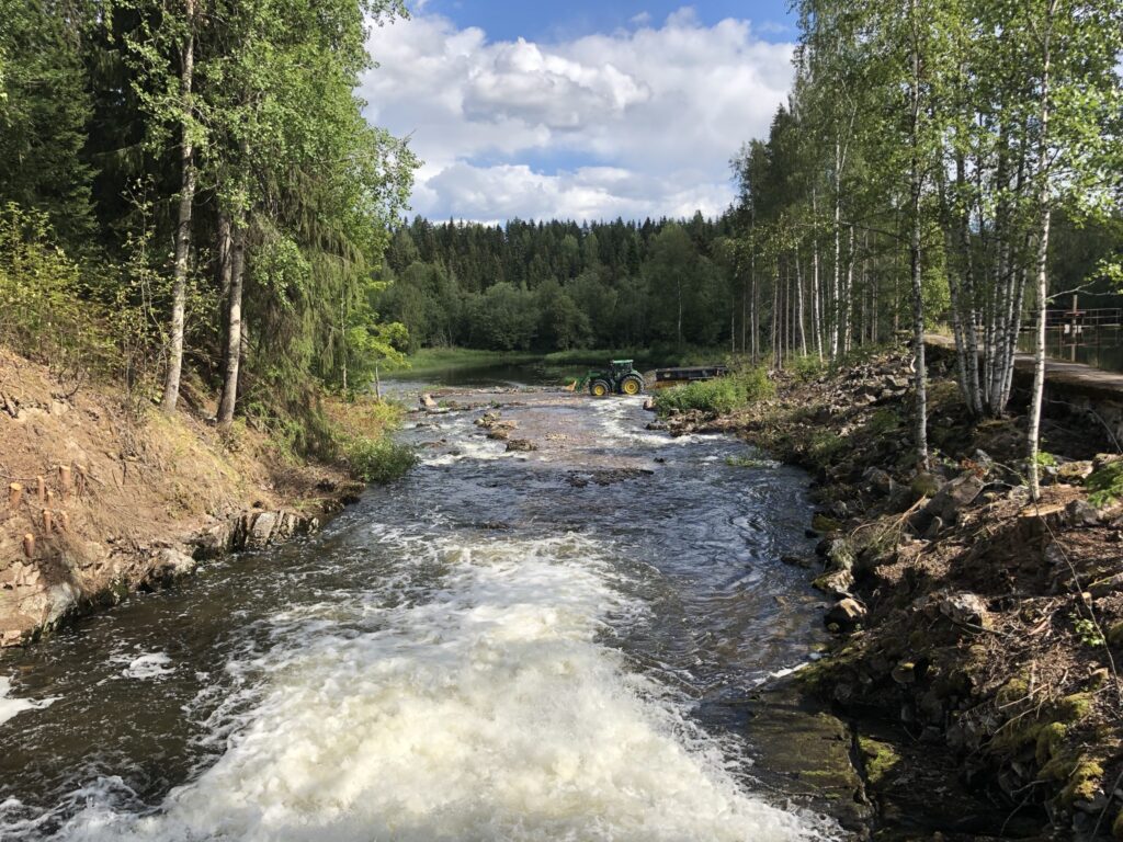 The water of the river  is flowing into the rapids